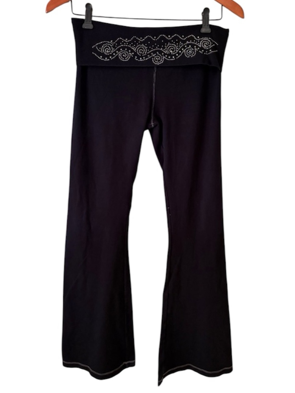 Sweet 2000s T Rhinestone Fold Over Yoga Pants Y2K Flare Black low rise